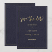 ヴィンテージ ネイビーブルー ゴールド フローラルレース セーブザデート (正面/裏面)