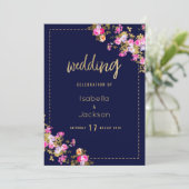 ヴィンテージ ネイビーブルー ピンク ゴールド フラワー メニュー (スタンド正面)