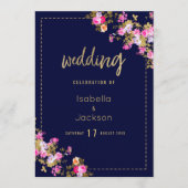 ヴィンテージ ネイビーブルー ピンク ゴールド フローラル メニュー (正面)