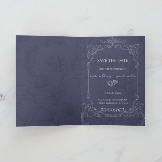 ヴィンテージ ネイビーブルー フラワー Save the Date 招待状 (内部)