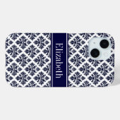 ヴィンテージ ネイビーブルー 白 ダマスク #3 ネイビー 名前 モノグラム Case-Mate iPhoneケース (裏面 (横))