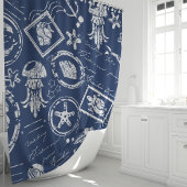 ヴィンテージ ネイビーブルー 航海 海 スタンプ シャワーカーテン