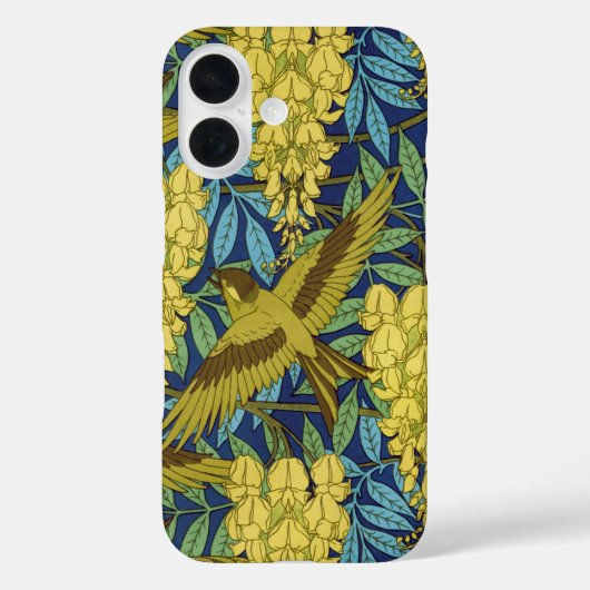 ヴィンテージ ネイビーブルー 鳥 & イエロー 花柄 Case-Mate iPhoneケース (裏面)