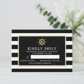 ヴィンテージ ネイビー ゴールドのホイール、ブラック＆ゴールドの結婚式 出欠カード (スタンド正面)