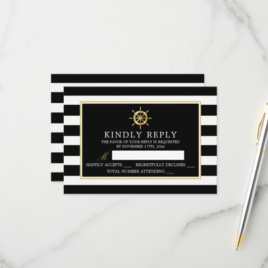 ヴィンテージ ネイビー ゴールドのホイール、ブラック＆ゴールドの結婚式 出欠カード (正面/裏面インサイチュ)