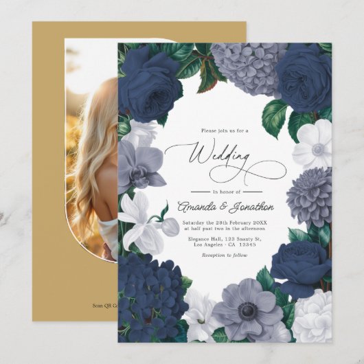 ヴィンテージ ネイビー、ストーム グレー & ポーセレン ホワイト ウェディング 招待状 (正面/裏面)