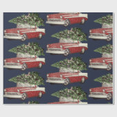 ヴィンテージ ネイビー & レッド カー ツリー オントップ ラッピングペーパー (フラット)
