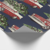 ヴィンテージ ネイビー & レッド カー ツリー オントップ ラッピングペーパー (角)