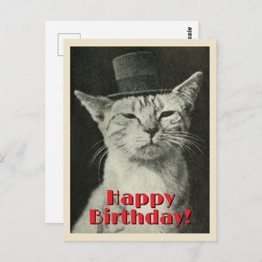 ヴィンテージ ネコのトップハット 誕生日おめでとう ポストカード (正面/裏面)