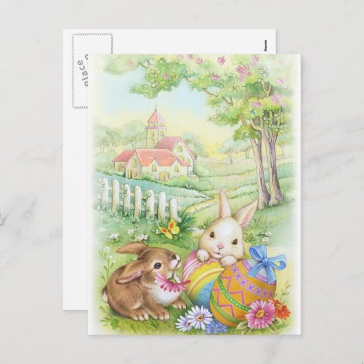 ヴィンテージ、ノスタルジックなイースターのウサギ シーズンポストカード (正面/裏面)
