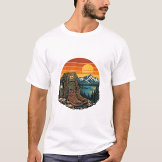 ヴィンテージ ハイキングブーツ 日没の山道 Tシャツ