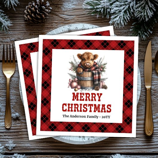 ヴィンテージ・ハイランドカウのクリスマス・ナプキン 赤黒