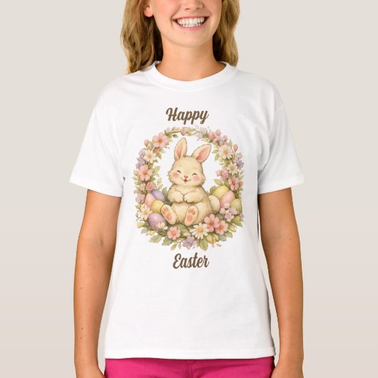 ヴィンテージ ハッピーイースター ウサギ リース Tシャツ (正面)