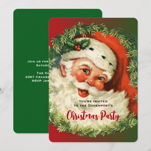 ヴィンテージ ハッピーサンタ ホーリー＆松の花輪 クリスマス 招待状 (正面/裏面)