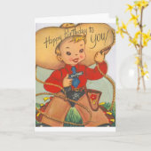 ヴィンテージ-ハッピーバースデーとカウボーイの若者。 カード (黄色い花)