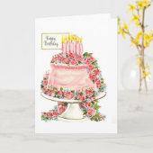 ヴィンテージ-ハッピーバースデーケーキ、 カード (黄色い花)