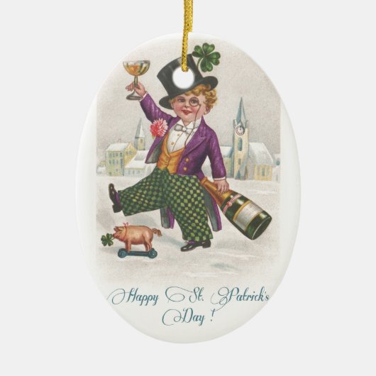ヴィンテージ ハッピー セントパトリックデー シャムロック シャンパン セラミックオーナメント (正面)