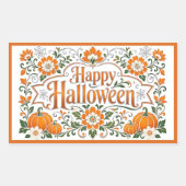 ヴィンテージ ハッピー ハロウィン パンプキン 白い花 アート 長方形シール (正面)