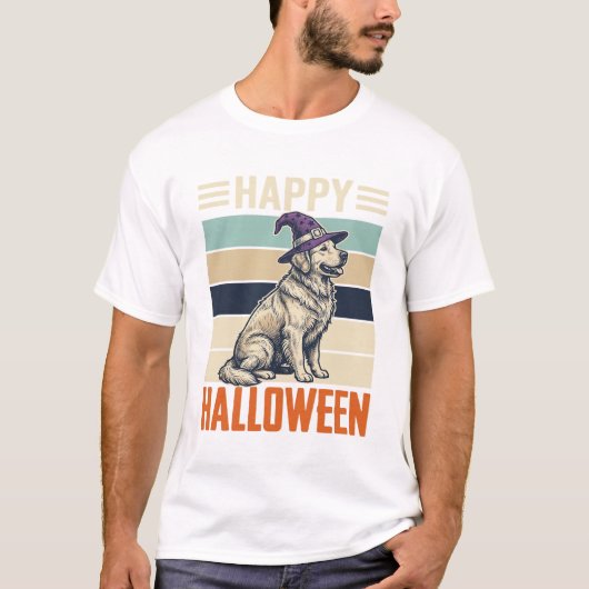 ヴィンテージ ハッピー ハロウィン 犬 魔女 帽子 Tシャツ デザイン (正面)