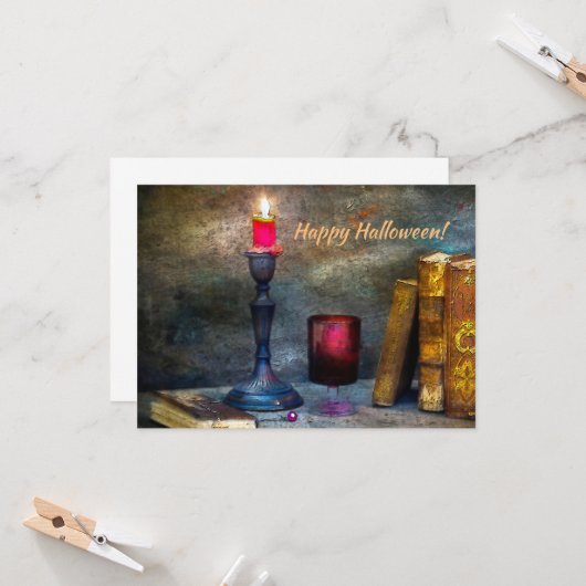 ヴィンテージ ハッピー ハロウィン 赤いキャンドル & 古い本 (正面/裏面インサイチュ)