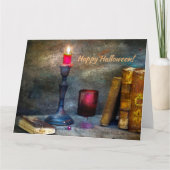 ヴィンテージ ハッピー ハロウィン 赤いキャンドル & 古い本 カード (正面)