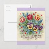 ヴィンテージ ハッピー バースデー レトロ カラフル フラワーズ ポストカード (正面/裏面)