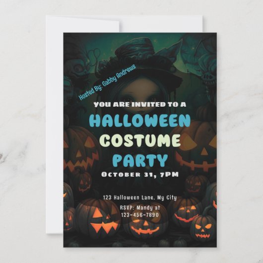ヴィンテージ・ハロウィンのかわいい魔女のジャックオーランタン 招待状 (正面)