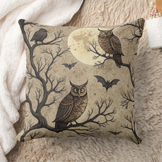 ヴィンテージ・ハロウィンのフクロウと月 クッション (ブランケット)