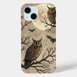 ヴィンテージ・ハロウィンのフクロウと月 iPhone 15ケース