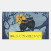 ヴィンテージ ハロウィンの挨拶、月と木の上のフクロウ 長方形シール (正面)