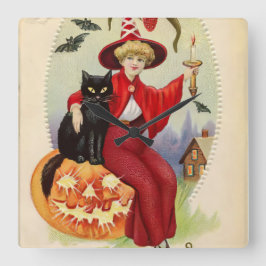 ヴィンテージ・ハロウィンの魔女と黒猫 スクエア壁時計