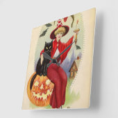 ヴィンテージ・ハロウィンの魔女と黒猫 スクエア壁時計 (傾斜)