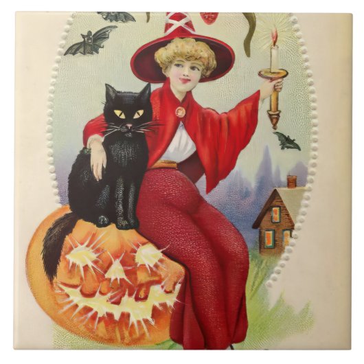 ヴィンテージ・ハロウィンの魔女と黒猫 タイル (正面)