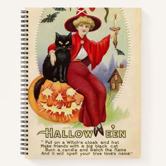 ヴィンテージ・ハロウィンの魔女と黒猫 ノートブック (正面)
