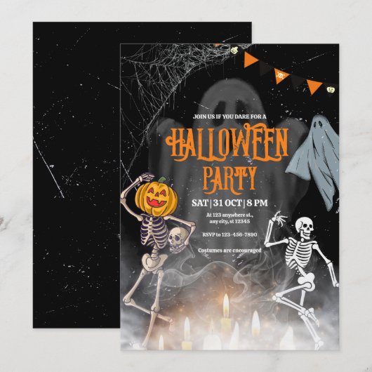 ヴィンテージ ハロウィンパーティー招待状, ハロウィンのスケルトン 招待状 (正面/裏面)