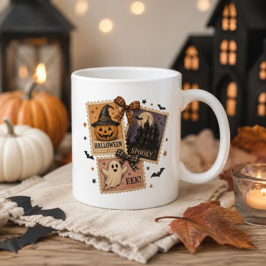 ヴィンテージ・ハロウィン郵便切手コラージュ ジャンボコーヒーマグカップ