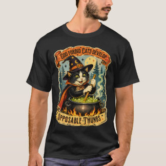 ヴィンテージ・ハロウィン魔女の猫(親指立て可能) Tシャツ