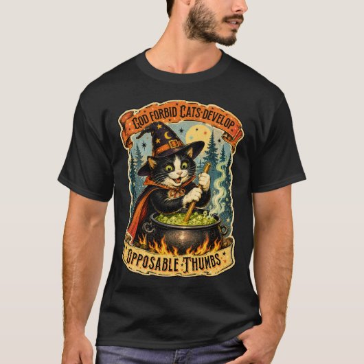 ヴィンテージ・ハロウィン魔女の猫(親指立て可能) Tシャツ (正面)