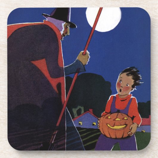 ヴィンテージ・ハロウィン おばけの魔女と少年 コースター (正面)