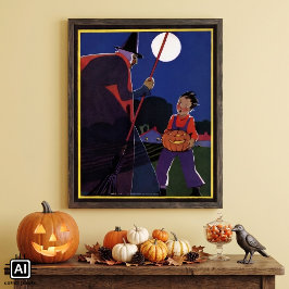 ヴィンテージ・ハロウィン おばけの魔女と少年 ポスター