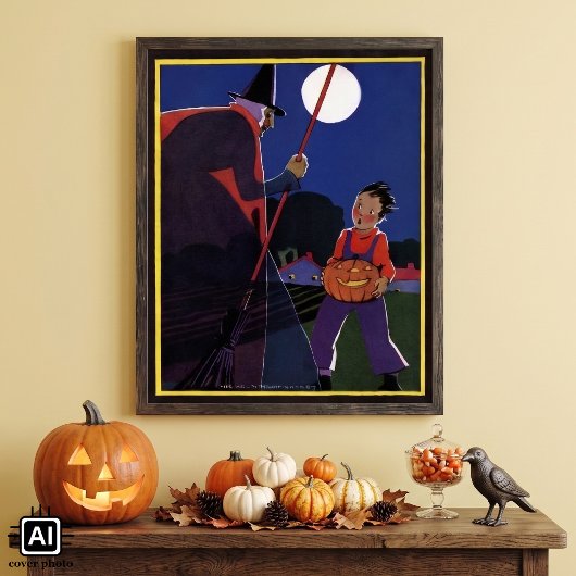 ヴィンテージ・ハロウィン おばけの魔女と少年 ポスター