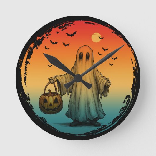 ヴィンテージ ハロウィン おばけ かぼちゃ コウモリ ラウンド壁時計 (正面)