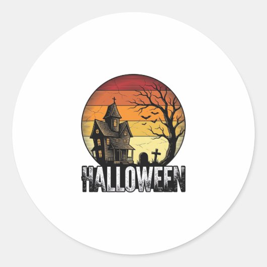 ヴィンテージ ハロウィン お化け屋敷 日没 ベクターアート_ ラウンドシール (正面)