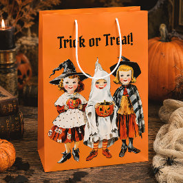 ヴィンテージ ハロウィン お菓子をもらいにくる子供たち オレンジ ミディアムペーパーバッグ