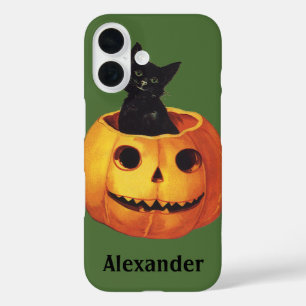 ヴィンテージ ハロウィン、かぼちゃの上のキュートな黒猫 iPhone 16ケース