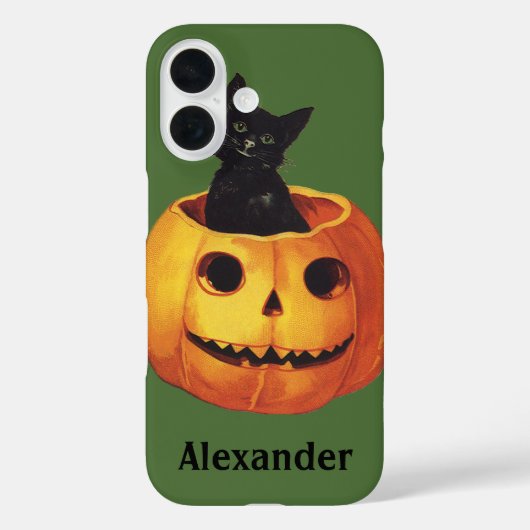 ヴィンテージ ハロウィン、かぼちゃの上のキュートな黒猫 Case-Mate iPhoneケース (裏面)