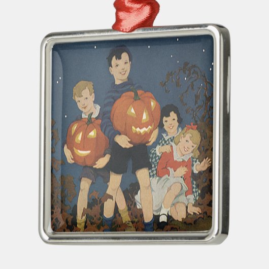 ヴィンテージ ハロウィン、かぼちゃを持つ子供たち メタルオーナメント (左)