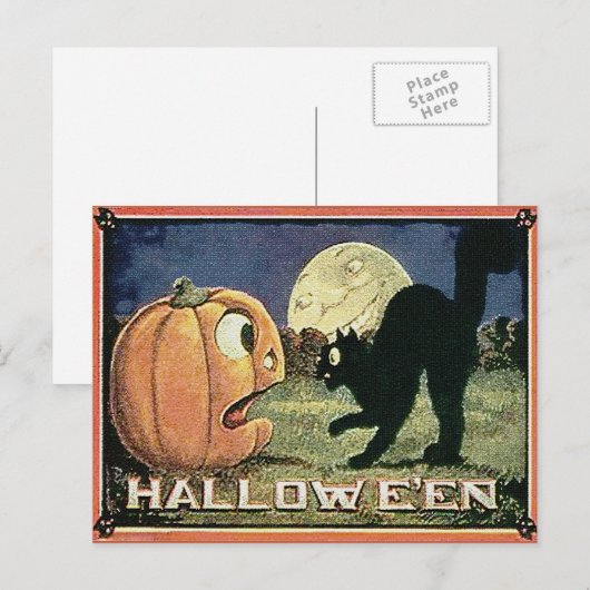 ヴィンテージ ハロウィン かぼちゃ & ネコ モザイク ポストカード (正面/裏面)