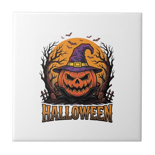ヴィンテージ ハロウィン かぼちゃ 魔女 帽子 グラフィック_1 タイル (正面)