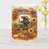 ヴィンテージ ハロウィン のカラス トラクター 収穫 カード (黄色い花)